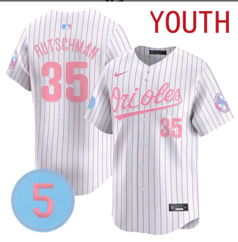 Youth Baltimore Orioles #35 Rutschman white with red strips 2024 Nike MLB jersey